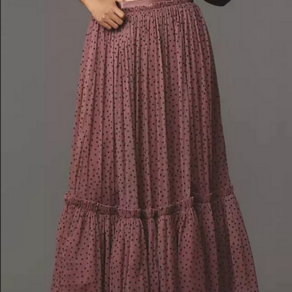 By Anthropologie Tiered Tulle Maxi Skirt Pink Pull on Dot Printed Sheer XXS - Picture 1 of 6